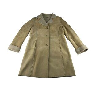 Guess Womens Beige Brown Leather Long Sleeve Lapel‎ Long Coat Size Medium